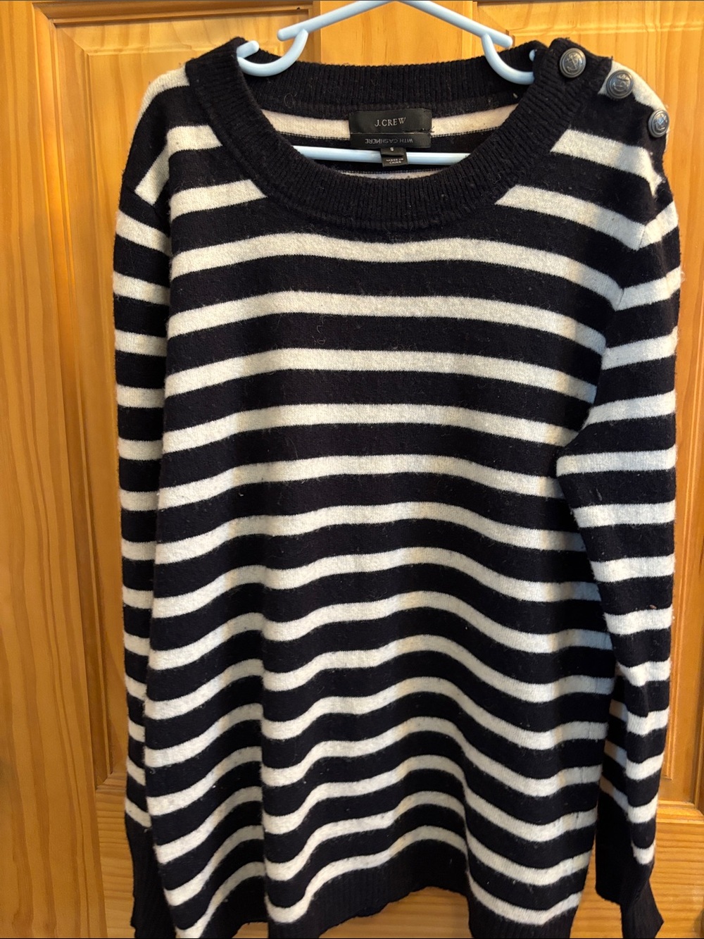 J. Crew Navy and White Striped Button-Shoulder Sweater
